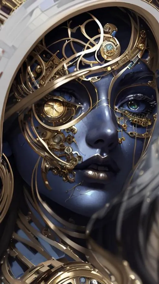 Prompt: the time goddess. She controls the time. stunning face. she is made of clock internal pieces.  Intricate metallic details. beautiful background. gerhartz, artgerm, rutkowski, van Gogh style 