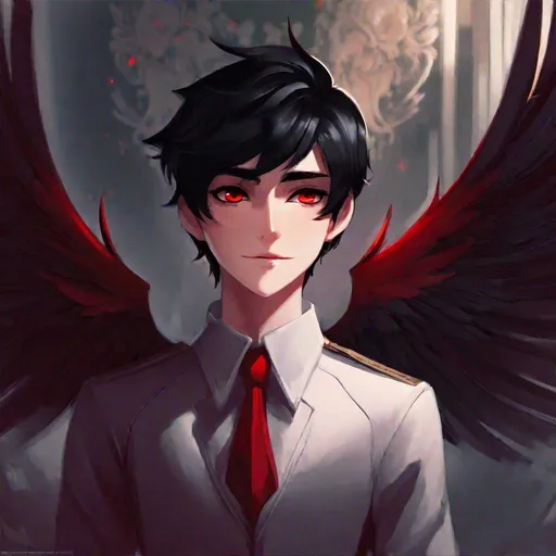 Prompt: Damien (male, short black hair, red eyes) smiling sadistically, eyes wide open