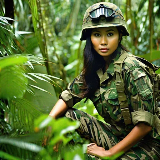 Prompt: RAW photo, 3/4 body shot, soldier, pretty young Indonesian woman, 25 year old, (round face, high cheekbones, almond-shaped brown eyes, small delicate nose), unbuttoned camouflage shirt, body armor, army, short shorts, perfect hourglass figure, scenery tropical Indonesian rain forest, lush green plants, masterpiece, masterpiece, intricate detail, hyper-realistic, photorealism, hyper detailed texturing, high resolution, best quality, UHD, HDR, 8K, award-winning photograph, octane render