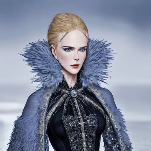 Prompt: Paris fashion week 2023 by jean paul gaultier, model is Nicole Kidman, detailed, 4k, photorealistic, theme arctic winds