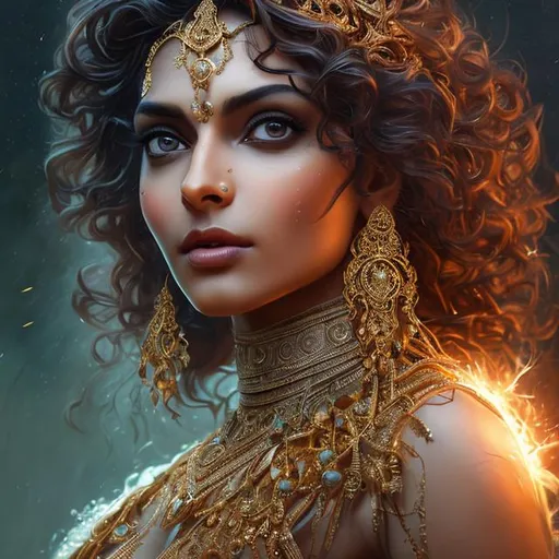Prompt: Beautiful and Attractive fair Indian Woman, casting lightning magic, detailed clothing, full body, highly detailed face, highly detailed jewels, highly detailed warm ivory skin tone and black eyes, highly detailed curly long hair, stylish posture digital painting, hyper-realistic, fantasy, Surrealist, sharp focus, sci-fi, stunningly beautiful, iridescent gold, cinematic lighting, dark