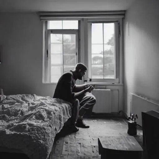 Prompt: A guy smoking and sitting on bedroom in a very dark room