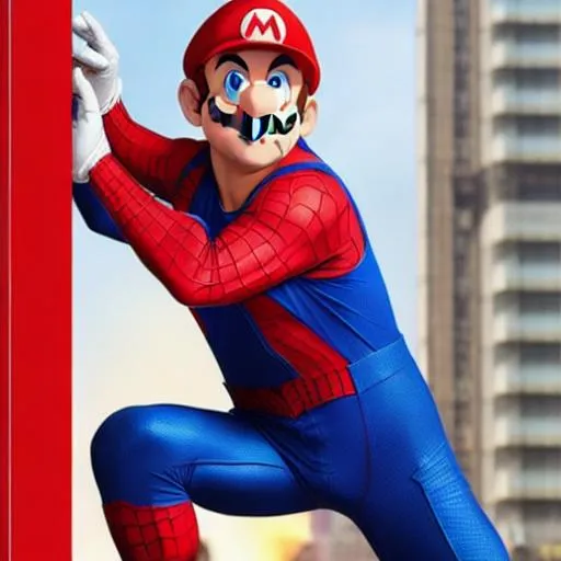 Prompt: Peter Mario is a charismatic and agile character that combines the iconic elements of both Mario and Spider-Man.

Peter Mario has a similar overall appearance to Mario, with his trademark red hat, blue overalls, and brown boots. However, he also incorporates elements of Spider-Man's costume design. He wears a red and blue jumpsuit, similar to Mario's overalls, but with web-like patterns on the blue areas, resembling Spider-Man's suit. His gloves and boots have web-shaped patterns as well, giving him enhanced traction and grip.

Peter Mario's red hat features a small spider symbol, representing his Spider-Man influence. Additionally, he wears a red mask that covers the upper half of his face, leaving his expressive eyes visible. The mask has web-like patterns extending from the eyes, further blending the two characters' aesthetics.