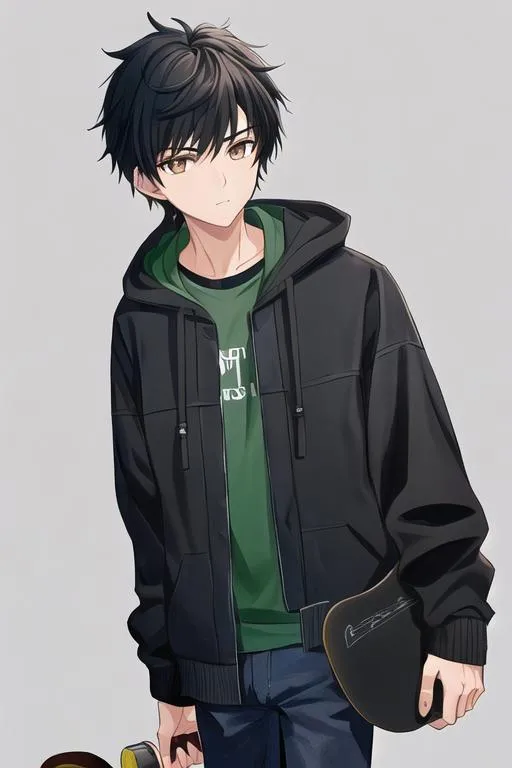 Dark blue hair anime boy skateboarding