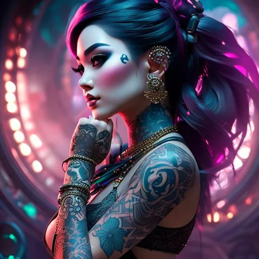 Prompt: tattooed female figurative on top on large speaker, digital painting by dora art, in the style of intricate, fantastic grotesque, detailed character illustrations, pensive stillness, chromepunk, fantasy characters, digital illustration --ar 51:64 --s 750 --niji 5
