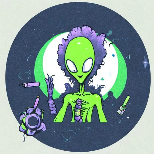 Prompt: alien, high on drugs, smoking cigarette, design, art, in a circle, white background

