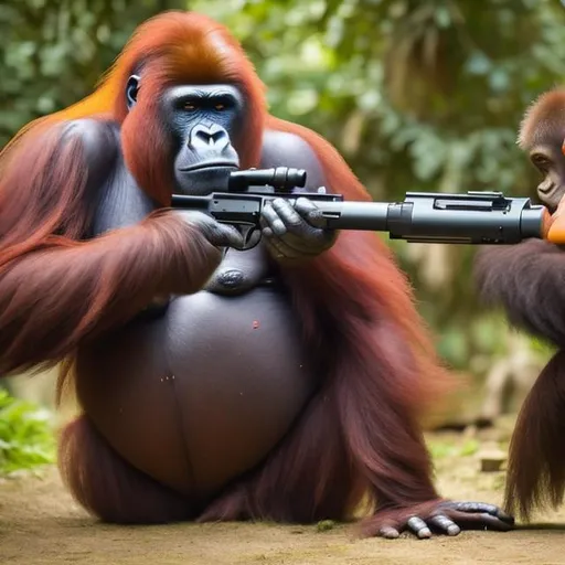 Prompt: Gorilla getting shot By a gun wielding orangutan