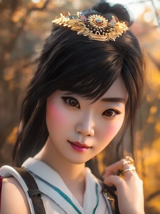 Prompt: Feng Min (dead by daylight), dressed as a godess, 8k, gorgeous, magic aura, facing the horizon