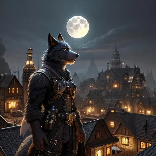 Prompt: epic highly detailed, epic surreal art, realistic picture, small dieselpunk village,( a werewolf-man on the roof by fullmoon)++, reflective surfaces, hyper realistic Photorealism, high LOD, Octane render, 4K, Unreal Engine, sharp focus, Extremely Detailed, Digital Painting, photorealistic, highly detailed, lifelike, highly detailed, intricate, octane render, final improvement, add finisch.