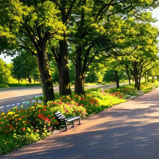 Prompt: Rising sun at the end of the road. Trees, shrubs, grass and flowers along the road. A bench and a table stand along the road.