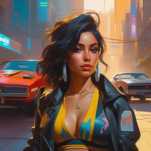 Prompt: Latina girl in Cyberpunk 2077, cartoony, sunny atmosphere, extremely detailed painting by Greg Rutkowski and by Henry Justice Ford and by Steve Henderson
