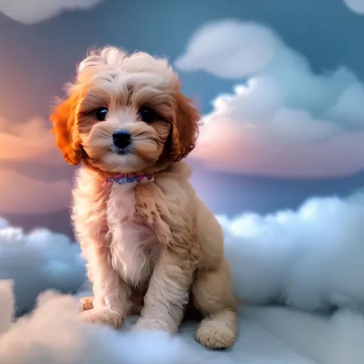 Prompt: Mini maltipoo puppy sitting on billowy, fluffy clouds with a sunset background