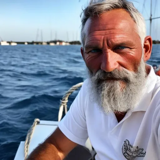 Prompt: 45 year old handsome grey bearded haired sailor raising a sail

