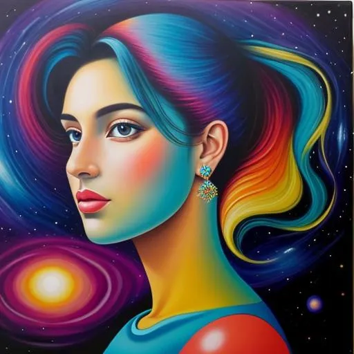 Prompt: Surreal portrait of beautiful female, cosmic landscape background, acrylic on canvas in style of post modernism 