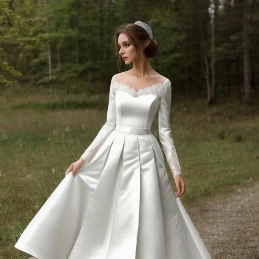 Prompt: wedding dress in white satin, princess tul sleeve, pleated skirt, cottagecore, elegant, elegant