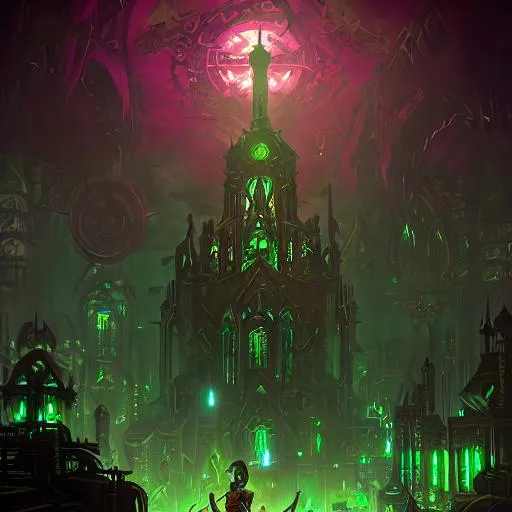 Prompt: Steampunk, Lovecraftian Cathedral rooftop at night, dark-green fog, dark-green colours, rainy night, gothic architecture, beksinski style 