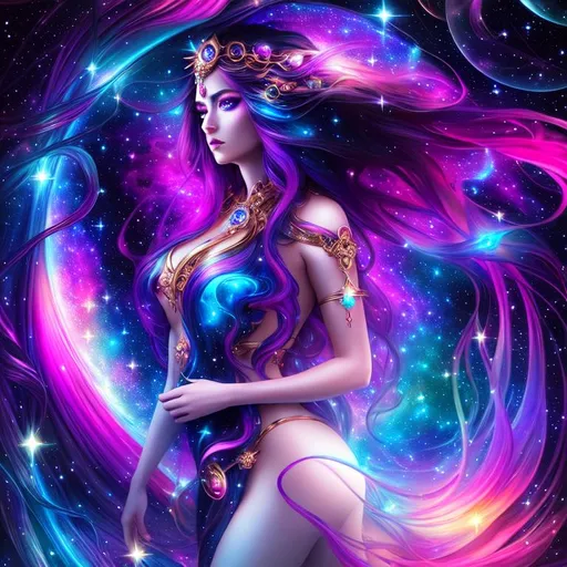Prompt: Cosmic Epic Beautiful Nebula (Beautiful melancholy {goddess}female liquid satin}, Beautiful and Gorgeous, Beautiful big reflective eyes, long flowing hair, beautiful hands), hyper realistic, expansive psychedelic background, hyper realistic, 8K --s99500