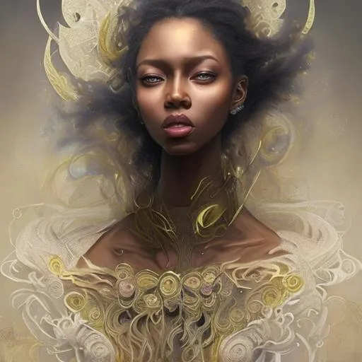 Prompt: Light element goddess, very dark skin, flowing pale yellow hair, flowing dress, perfect features, extremely detailed, realistic. Krenz Cushart + loish +gaston bussiere +craig mullins, j. c. leyendecker +Artgerm, oil painting texture oil painting effect Krenz Cushart + loish +gaston bussiere +craig mullins, j. c. leyendecker +Artgerm, oil painting texture. 