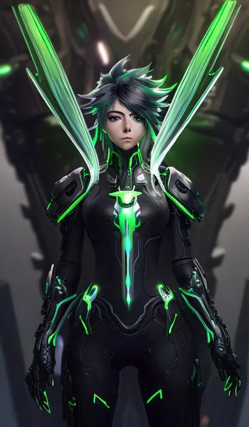 Prompt: female, long silver and green glowing hair, wearing black gloves, green and black scifi armor, ULTRAKILL Xenoblade 2 , conceptart , scifi sword, mechanical halo