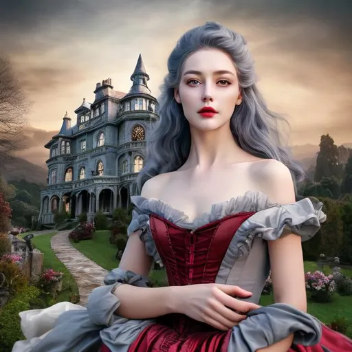 Prompt: 4k professional modeling photo live action human woman hd hyper realistic beautiful wicked victorian lady gray hair fair skin gray eyes beautiful face red dress enchanting mansion landscape hd background with live action victorian countryside