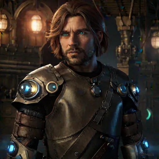 Prompt: Full Body Portrait, Bearded Halfling Male with short brown hair wearing a leather jacket and metal plates of armor, mechanical elements on the shoulders and hands with small glowing blue lights, wearing goggles, dramatic lighting, cinematic, establishing shot, extremally high detail, photo realistic, cinematic lighting, post processed, concept art, artstation, 