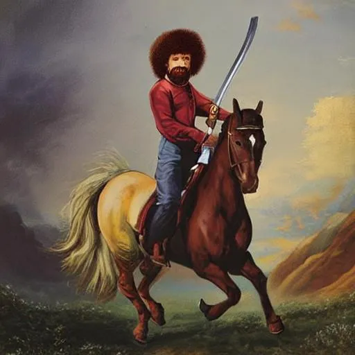 Prompt: bob ross riding a horse with a sword and a book