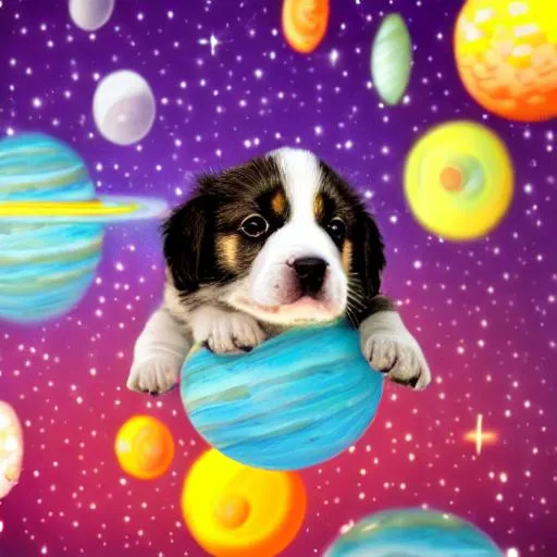 Prompt: puppy in space floating in air while everything around him is changing 
cartoony low amount of color 