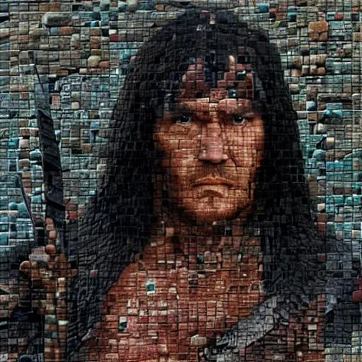 Prompt: Conan the Barbarian, a portrait, 4k, 8k, photo, photorealism, surreal, mosaic, tile, small tiles