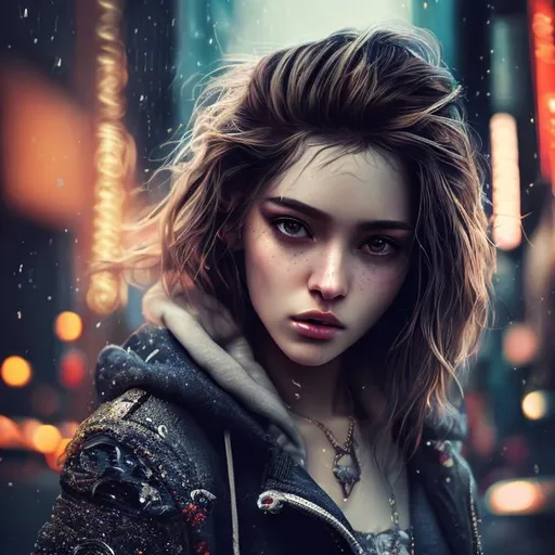 Prompt: highly detailed woman, 64K, UHD, HDR, hyper realistic, lens 24mm, cinematic lighting, canon device, woman wearing trendy clothes, long shot type, city lights context, highly detailed clothes, highly detailed face, highly detailed eyes, long hair, epic composition, high resolution scan, absolutely real.