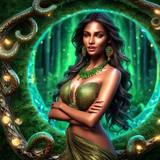 Prompt: HD 4k 3D 8k professional modeling photo hyper realistic beautiful woman ethereal greek goddess of harmony
caramel brown hair green eyes gorgeous face olive skin shimmering robe statement necklace full body surrounded by serpent and magical glowing ambience hd landscape background garden with fountain and serpents