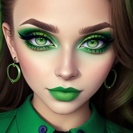 Prompt: A woman all in green,  large green eyes, pretty makeup