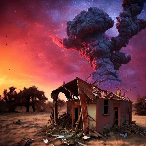 Prompt: old shack falling apart, no roof, purple sky, un-earthlike, red ground, acid rain, 8K, high resolution
