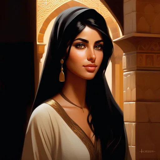 Prompt: Third person, gameplay, Arab girl, olive skin, black hair, hazel eyes, Damascus, golden atmosphere, cartoony style, extremely detailed painting by Greg Rutkowski and by Henry Justice Ford and by Steve Henderson 