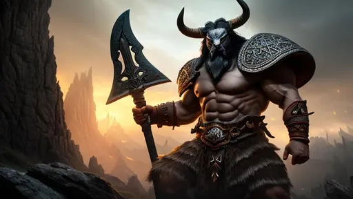 Prompt: Front of vengeful minotaur with grey hair and with red viking style stripe on left face, handling huge viking axe, Sharp gazing eye, massive and muscular, dark woods, perfect composition, hyperrealistic, super detailed, 8k, high quality, trending art, trending on artstation, sharp focus, studio photo, intricate details, highly detailed, by greg rutkowski
