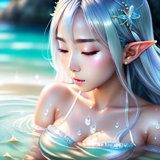 Prompt: Beautiful young japan woman elf,sea level, face down, anime face, beautiful body, intricate, intricate silver hair, open clothes , firm ,perfect body, cute, wet, milky, hyperrealism,Realistic, beautiful photography , highly detailed, digital art by sakimichan and kidmo, hd, 4k,8k