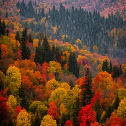 Prompt: fall color mountain view in rain

 
