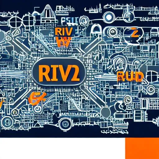 Prompt: shows the word "RIV-2" surrounded by networking, technology and transport icons. Use an orange background