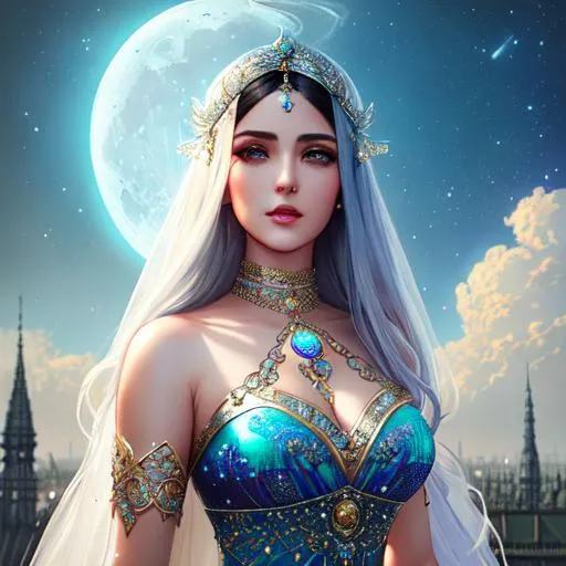 Prompt: Intricately detailed front facing elaborate beautiful moon goddess  intricate glistening face bright eyes prismatic cry clear dress long hair hyperdetailed painting by Ismail_Inceoglu Tom Bagshaw Dan Witz CGSociety ZBrush Central fantasy art 4K, Crystal Palace in background digital painting, digital illustration, extreme detail, digital art, ultra hd, vintage photography, beautiful, tumblr aesthetic, retro vintage style, hd photography, hyperrealism, extreme long shot, telephoto lens, motion blur, wide angle lens, deep depth of field, warm, anime Character Portrait, Symmetrical, Soft Lighting, Reflective Eyes, Pixar Render, Unreal Engine Cinematic Smooth, Intricate Detail, anime Character Design, Unreal Engine, Beautiful, Tumblr Aesthetic,  Hd Photography, Hyperrealism, Beautiful Watercolor Painting, Realistic, Detailed, Painting By Olga Shvartsur, Svetlana Novikova, Fine Art