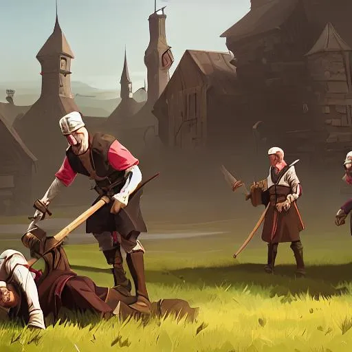 Prompt: Medieval workers on a field being beaten