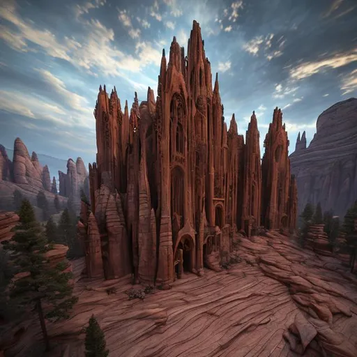 Prompt: beautiful dwelling complex of sandstone, built in red rock canyon, a fusion of star wars and gothic revival architecture, natural volumetric lighting, realistic high detail 4k render, concept art,