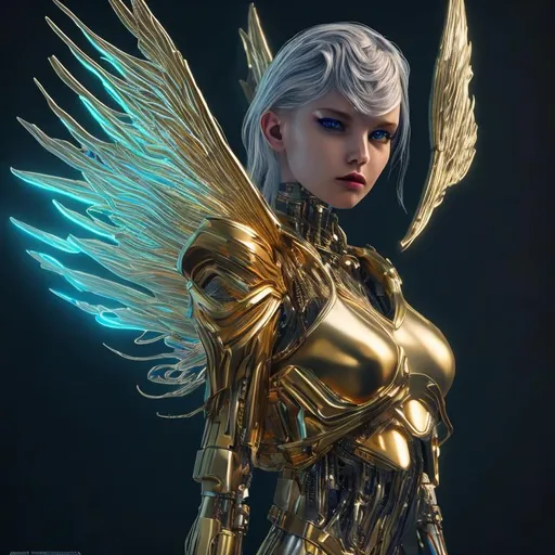 Prompt: Metallic cyber girl with metallic wings, sci-fi fantasy, hyperrealistic, 4K portrait, soft golden colour - - ar 16:6