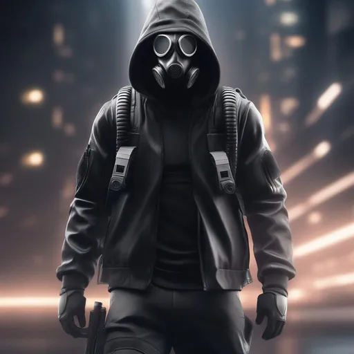 Prompt: Male agent with a gas mask, black and grey cyberpunk outfit with a hood,  driving, Hyperrealistic, sharp focus, Professional, UHD, HDR, 8K, Render, electronic, dramatic, vivid, pressure, stress, nervous vibe, loud, tension, traumatic, dark, cataclysmic, violent, fighting, Epic