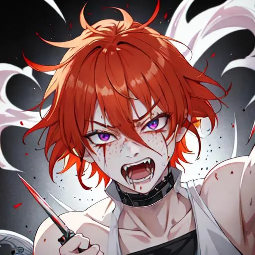 Prompt: Erikku male adult (short ginger hair, freckles, right eye blue left eye purple) UHD, 8K, Highly detailed, insane detail, best quality, high quality, covered in blood, covering his face with his hand, wide eyes, insane, fear, threatening, laughing, angry, fighting, psychopathic, anime style, pointing a knife at the viewer