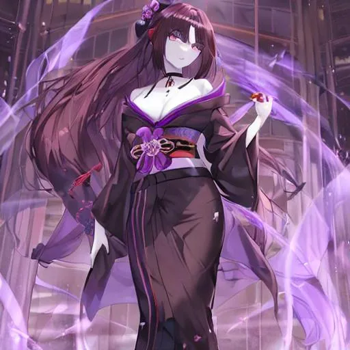 Prompt: female with pale skin, realistic amber eyes, long dark brown hair that has violet ends, no bangs, beautiful, purple short kimono ending mid-thigh, black choker, cleavage, portrait, full body