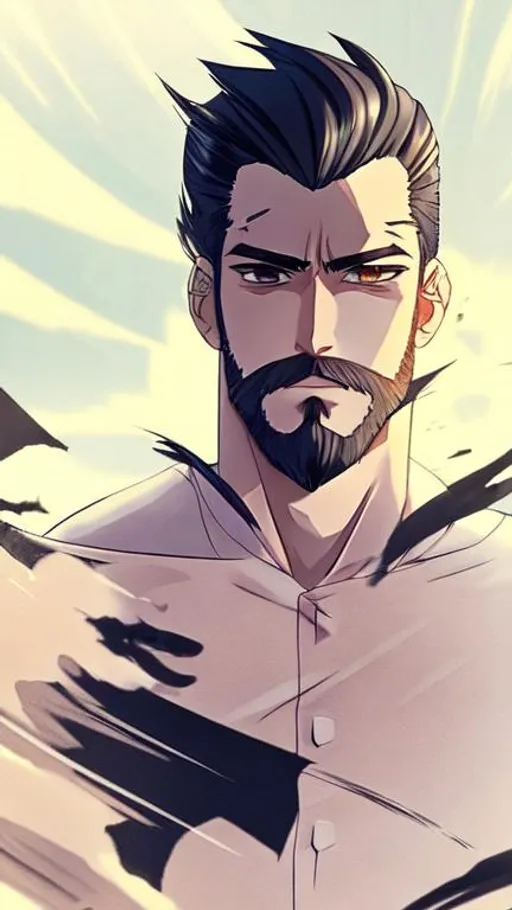 Anime character with scruffy brown hair and a close beard on Craiyon