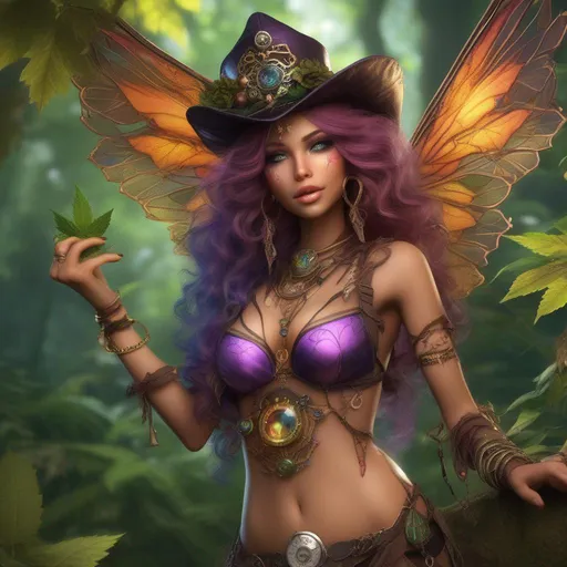 Prompt: ((Epic)). ((Cinematic)). Shes a ((colorful)), Steam Punk, belly dancer witch. (spectacular), Winged, Cannabis fairy, with a skimpy, ((colorful)), ((gossamer)), flowing outfit, standing in a forest by a village. ((Wide angle)). ((Detailed Illustration)). ((8k)).  Full body in shot. ((Hyper real painting)). ((Photo real)). An ((extremely beautiful)), buxom,  shapely woman with, ((Anatomically real hands)), and ((vivid)), ((colorful)), ((extremely bright eyes)). A ((breathtaking)) Halloween night near a village with lights. Glowing, winged sprites flying everywhere.((Concept art style)). Rays of light. Lens flares. (Celestial). Sony a7 IV. Enscape render.
