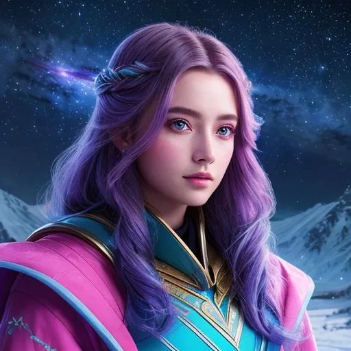 Prompt: create photograph of beautiful winter female princes who is wearing bright futuristic robes, night time and beautiful sky space and planets an nebulae in sky highly detailed, detailed face, extremely detailed environment, extremely detailed background, extremely detailed skin, extremely detailed clothing, natural colors , professionally color graded, photorealism, 8k, realistic, moody lighting, galactic environment, volumetric lighting