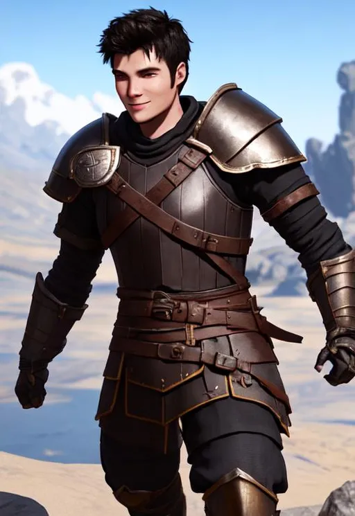 Prompt: Full character, Digital art, 22-year-old viking man, black hair. yellow armor. blue gear. medium-length black hair, subtle smile, black stubble beard, hazel eyes, adventurer, blue sky background, unreal engine 8k octane, 3d lighting