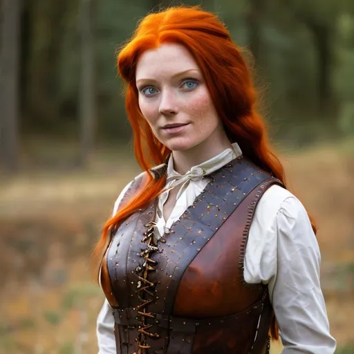 Prompt: medieval woman with auburn hair wearing a brown leather vest

