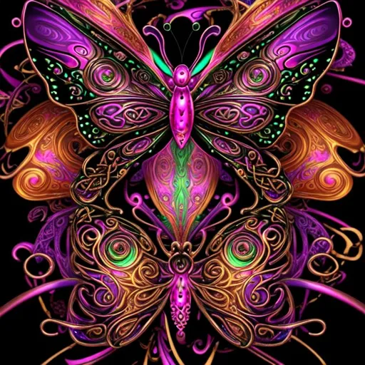 Prompt: beautiful freeform colorful chaos epic bold, 3D, HD, {one}({liquid metal {Celtic}butterfly} with {purple gold pink green red silver blood}ink), expansive psychedelic background --s99500